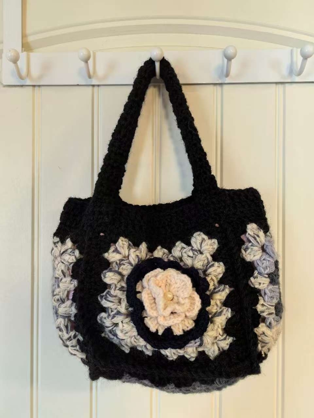 Black Crochet Mini Bag with Cream Floral Accent